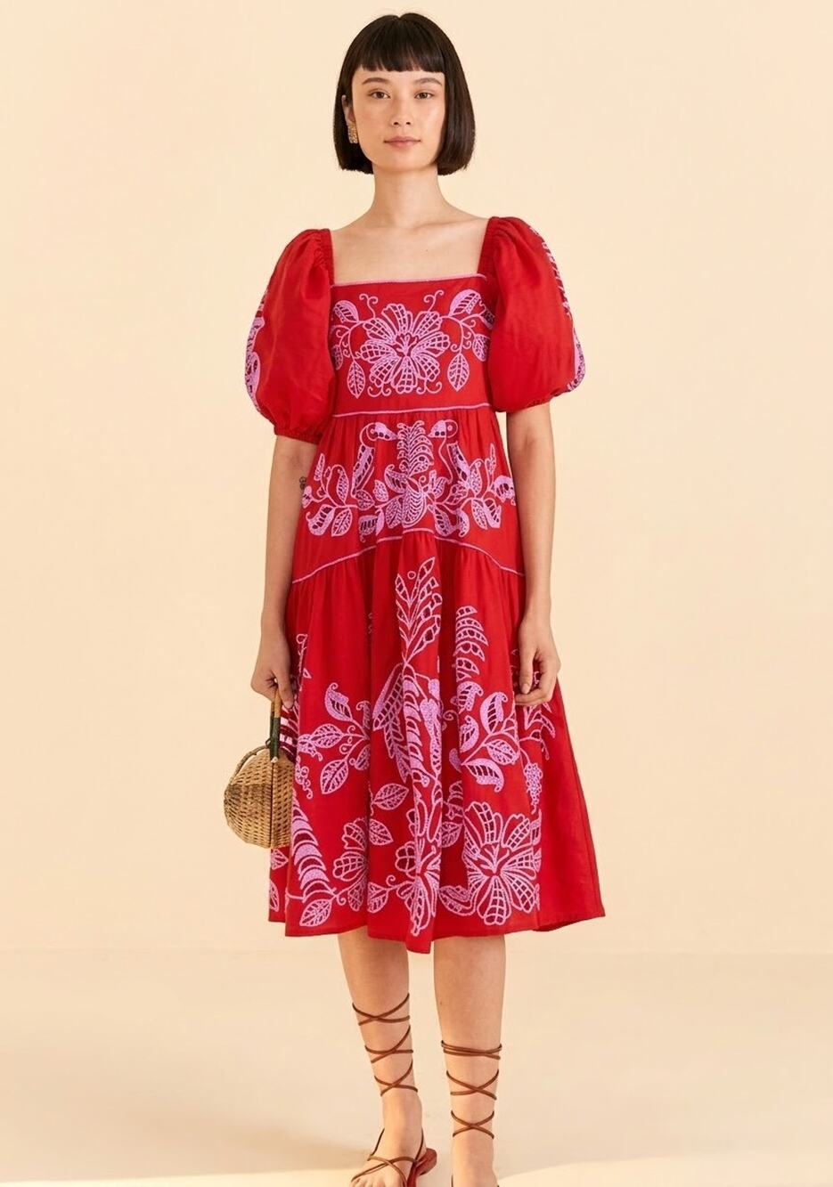 FARM RIO Red Linen Embroidered Toucan Tropical Puff Sleeve Midi Dress Size XL